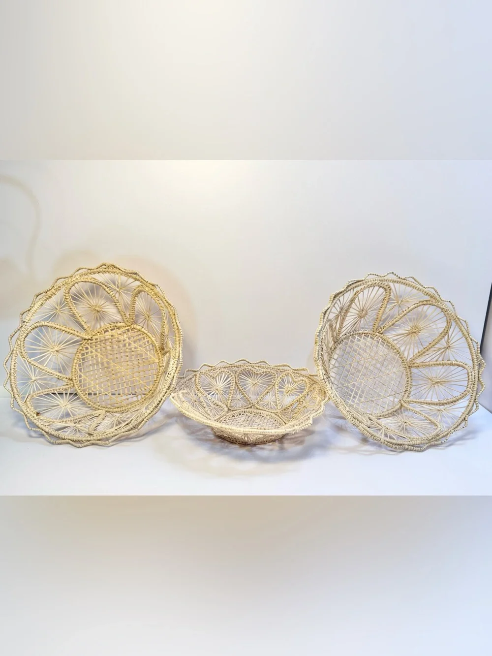Vintage Cream Woven Rattan Decorative Bowls set of 3 folk art bohemian